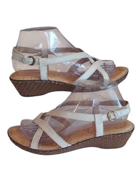 Born Sling Back Sandal Strappy Open Toe Leather Crisscross Wedge Low Stack Heel